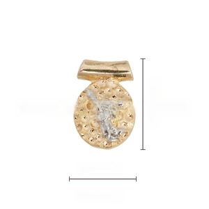 Macro detail of a 13.5mm two-tone gold and silver circular pendant showing size and texture