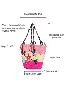 Sac cabas en paille bohème fait main avec broderie étoile de mer et perles à pompons