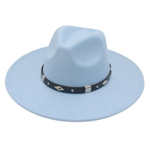 Classic light blue wide brim fedora hat with black studded band and diamond metal accents