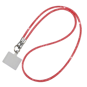 Red sparkling rhinestone phone lanyard with silver metal clasp and transparent patch