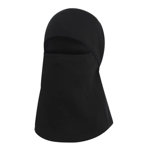 Detail of black windproof balaclava with stretchable fabric and wide neck protection