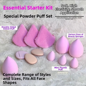 Detailed set of 12 pink makeup sponges and velvet powder puffs on white plush background