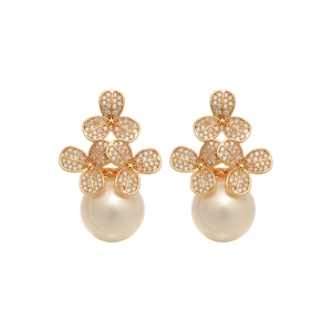 Elegant gold flower drop earrings with sparkling zircon and a round white pearl pendant