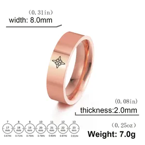 Size chart for 8mm rose gold stainless steel ring with Celtic knot laser engraving