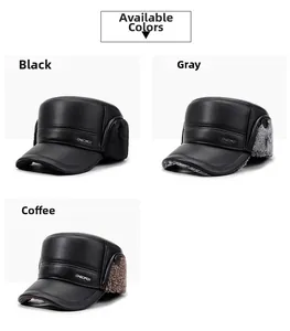 Close-up of three winter flap hats in black, gray, and brown with warm faux fur lining