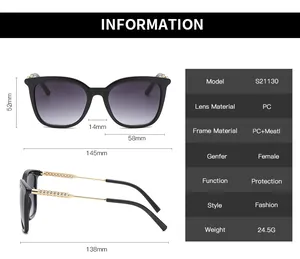 Detailed size chart of vintage metal hollow sunglasses showing dimensions and PC lens specs