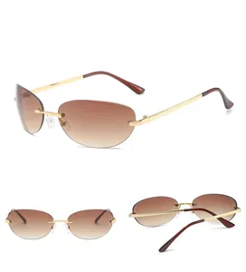 Three-angle view of rimless cat-eye sunglasses with brown gradient lenses and gold temples