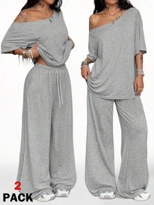 Front and side view of two-piece grey knit set with off-shoulder top and wide-leg pants