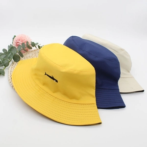 Cotton Canvas Bucket Hat Small Fish Embroidery Wide Brim Sun Protection Breathable Outdoor Casual For Men Women