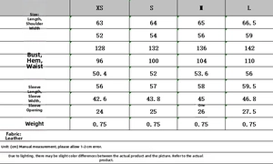 Size chart for women's bomber jacket with detailed chest and sleeve measurements