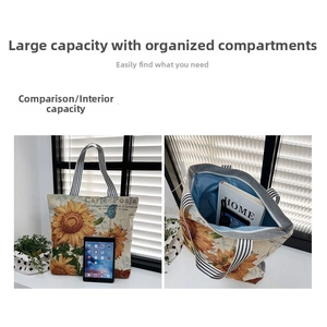 Detail of sunflower canvas tote bag with large capacity interior and striped handles