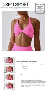 Pink halter twist sports bra detail with model sizing 174cm 55kg wearing size S