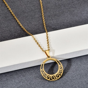 Polished gold stainless steel necklace with hollow spiral wave pendant on stone