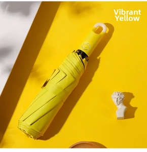Detail of closed vibrant yellow automatic umbrella with creative ring-hook handle design
