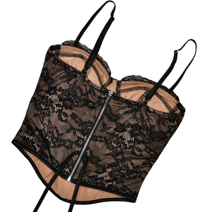 Detailed close-up of a floral black lace corset top featuring a front zipper closure