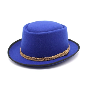 Cobalt blue felt pork pie hat with flat crown and brown braided rope decoration