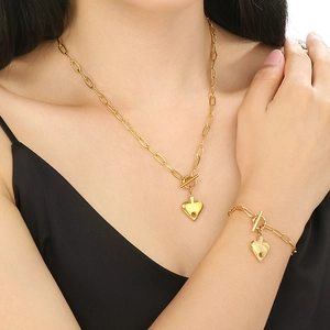 18K gold plated stainless steel paperclip chain necklace and bracelet set with heart charm