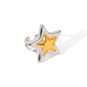Two-tone stainless steel star ring with a silver outer and gold inner adjustable band