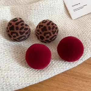 Flocked Round Stud Earrings With Silver Earring Post Retro Leopard Print Burgundy Red Autumn Winter Jewelry For Women