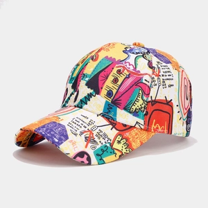 Graffiti print baseball cap with street style pattern shown from a 45-degree angle
