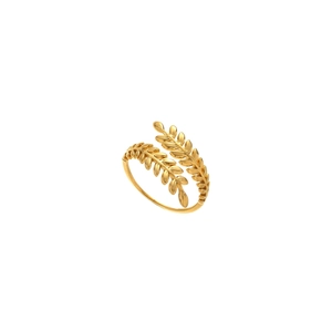Elegant gold leaf shaped stainless steel open ring with artistic feather design on white background
