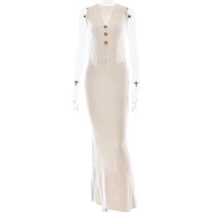 Women's white sleeveless vest and bodycon maxi skirt two-piece knit set with gold buttons