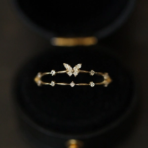 Elegant 18K gold-plated S925 sterling silver double butterfly ring with sparkling diamonds
