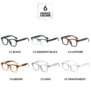 Occhiali quadrati classici anti-luce blu mostrati in sei colori e motivi di montatura retrò