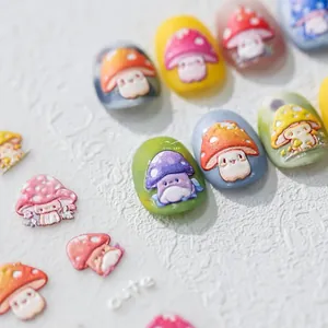 Detailed macro view of 5D embossed nail stickers featuring colorful cartoon mushrooms