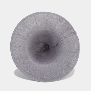 Grey knitted witch hat with a pointed cone top and wide brim for Halloween cosplay