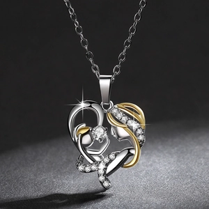 Two-tone heart necklace with mother and child pendant and white zircon inlays
