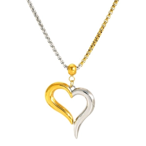 18K gold plated stainless steel necklace with two-tone heart pendant on pearl box chain