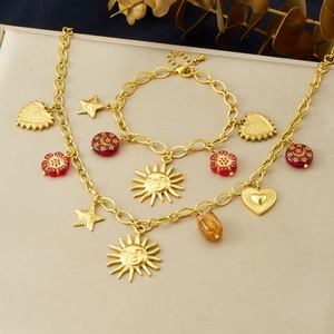 Collier Et Bracelet À Pendentifs Soleil Cœur Étoile Fleur Acier Inoxydable Plaqué Or Style Bohème Rétro Pour Femmes