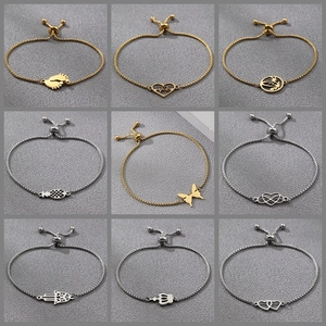 Adjustable Stainless Steel Bracelet Slider Bolo Clasp Heart Butterfly Crown Hamsa Hand Charm Polished Minimalist Unisex