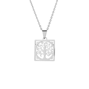 Collier géométrique en acier argenté avec pendentif carré ajouré Arbre de Vie