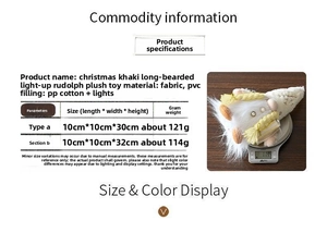 Size chart for glowing Christmas gnome featuring plush fabric and LED dimensions and weight