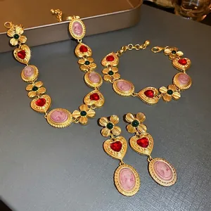 Vintage Baroque Cameo Portrait Jewelry Heart Flower Alloy Rhinestone Necklace Earrings Bracelet Gold Tone Retro Women