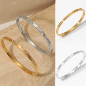 Stainless Steel Wave Pattern Bangle With Zircon Inlay Waterproof Minimalist Fashion Jewelry For Women Elegant Gift