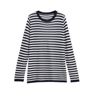 Women's casual striped long sleeve knit top with navy and white horizontal stripes