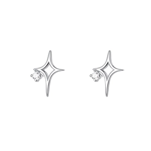 Minimalist s925 silver north star stud earrings with single cubic zirconia on white background