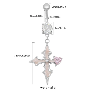 Piercing de nombril argenté avec pendentif croix rose et cristaux de zircone