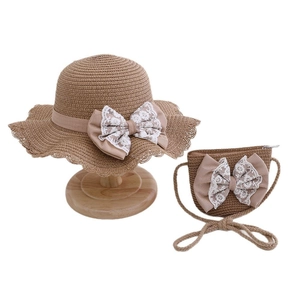 Kids straw sun hat and matching bag set with pink lace bows in khaki color