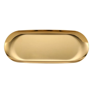 Luxurious gold oval stainless steel jewelry tray with a sleek polished mirror finish