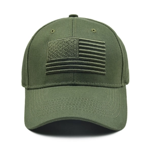 Olive green tactical baseball cap with embroidered American flag patch on high-quality fabric