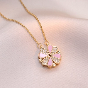 Vielseitige magnetische 2-in-1 Kleeblatt Herz-Halskette in Gold und Rosa glänzend