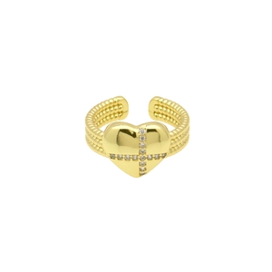 18k gold plated open ring featuring a bead heart design with a small cross zircon