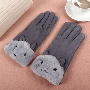 Gray suede gloves for women featuring cute plush cat cuffs and touchscreen function