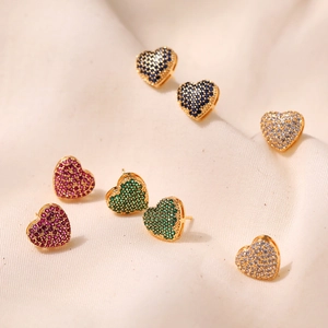Heart Stud Earrings 18K Gold Plated Copper With Colorful Cubic Zirconia And Copper Earring Post For Women