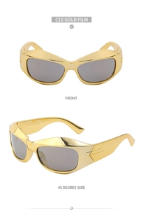 Detailed views of gold steampunk Y2K sunglasses with grey lenses and wrap-around frame