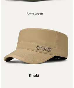 Detailed close-up of khaki and army green flat top caps with SPIRIT embroidery